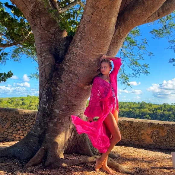 Romantic Pink Chiffon Kimono Duster Beach Coverup - Picture 8 of 16